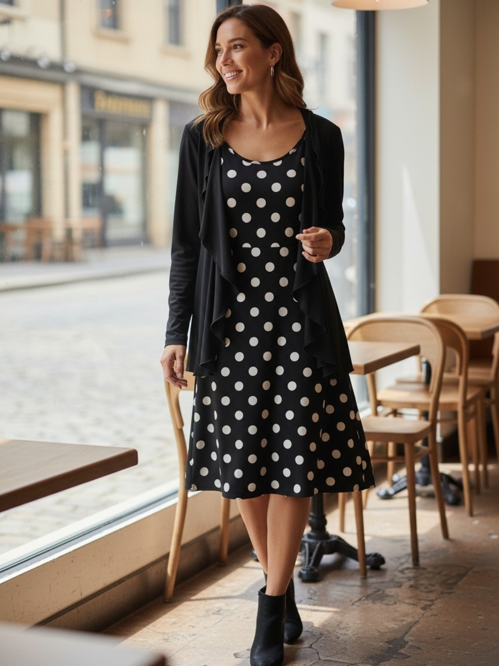 Lemmie For Nina Leonard Black Polka Dot Midi Dress with Scoop Neck